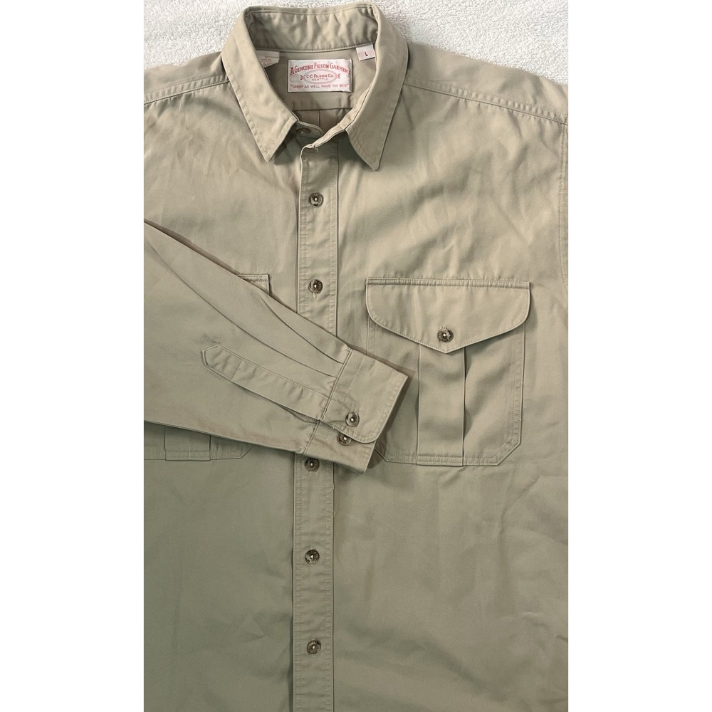 Vintage Filson Shirt Mens Large Khaki Cotton Long Sleeve 1994 USA Made READ